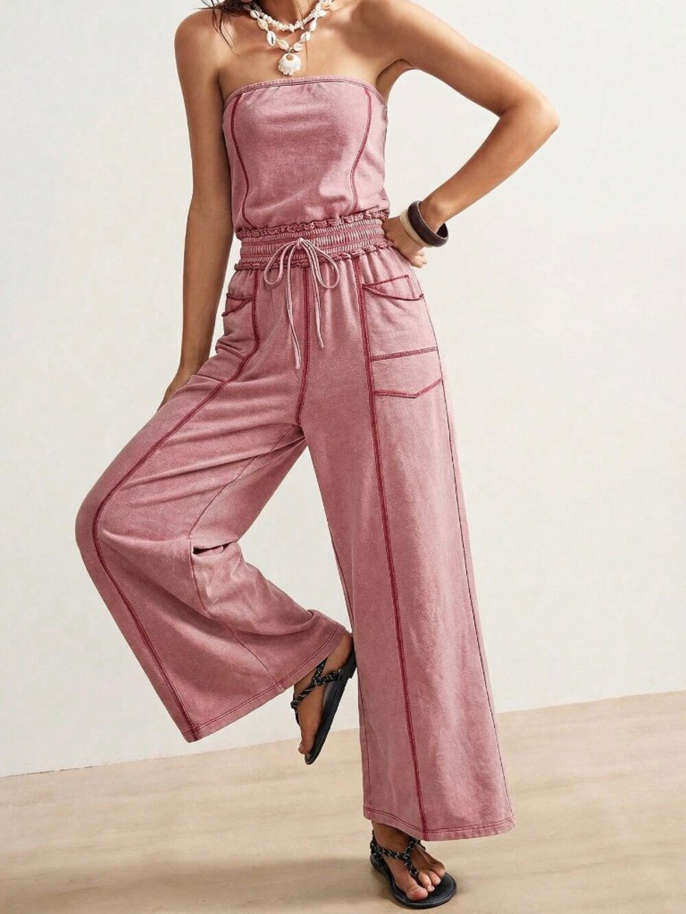 Rust Brown Casual Women's Knitted Strapless Jumpsuit - Picture 6 of 7